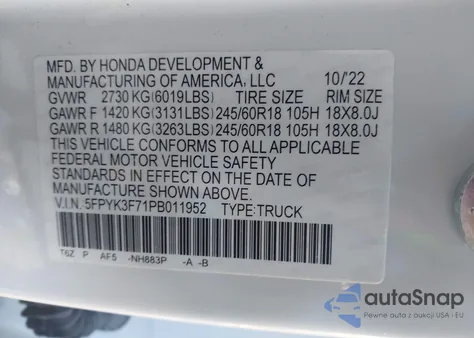 2023 Honda Ridgeline Rtl-E z USA, uszkodzony, nr VIN 5FPYK3F71PB011952